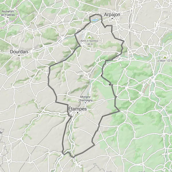 Miniature de la carte de l'inspiration cycliste "Circuit pittoresque de 79 km autour de Cheptainville" dans la Ile-de-France, France. Générée par le planificateur d'itinéraire cycliste Tarmacs.app