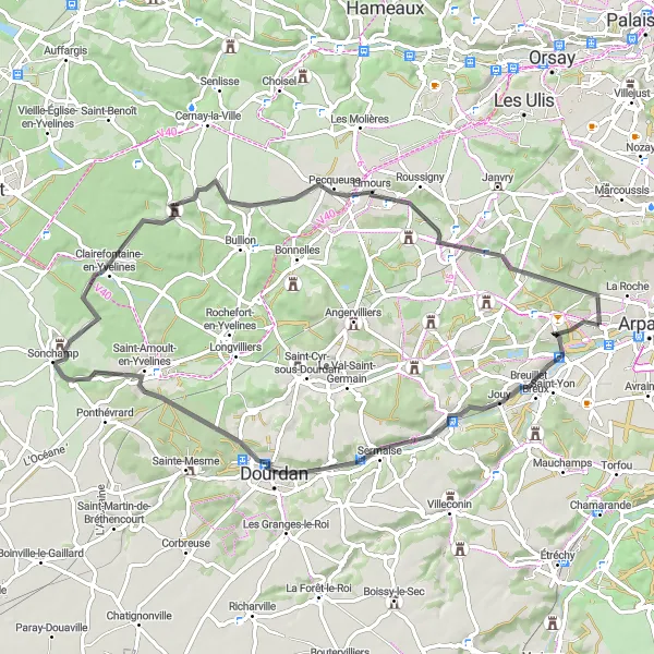 Miniature de la carte de l'inspiration cycliste "Itinéraire tranquille de 67 km en partant d'Ollainville" dans la Ile-de-France, France. Générée par le planificateur d'itinéraire cycliste Tarmacs.app