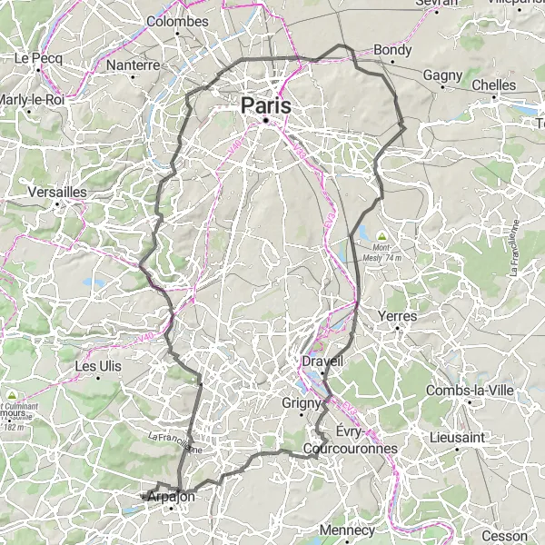 Map miniature of "Road Route from Ollainville" cycling inspiration in Ile-de-France, France. Generated by Tarmacs.app cycling route planner