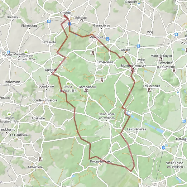 Miniature de la carte de l'inspiration cycliste "Parcours gravel de 55 km à travers Montfort-l'Amaury" dans la Ile-de-France, France. Générée par le planificateur d'itinéraire cycliste Tarmacs.app