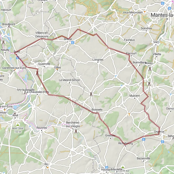 Miniature de la carte de l'inspiration cycliste "Parcours gravel de 58 km à travers Boissets" dans la Ile-de-France, France. Générée par le planificateur d'itinéraire cycliste Tarmacs.app