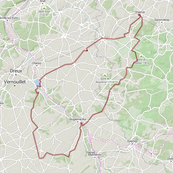 Miniature de la carte de l'inspiration cycliste "Tour de la Vallée de l'Eure" dans la Ile-de-France, France. Générée par le planificateur d'itinéraire cycliste Tarmacs.app