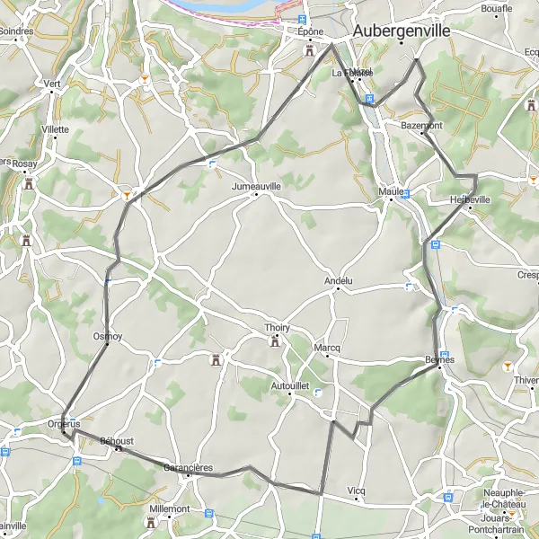 Miniature de la carte de l'inspiration cycliste "Tour des Châteaux de la Seine" dans la Ile-de-France, France. Générée par le planificateur d'itinéraire cycliste Tarmacs.app