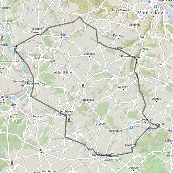 Miniature de la carte de l'inspiration cycliste "Parcours route pittoresque de 67 km autour d'Orgerus" dans la Ile-de-France, France. Générée par le planificateur d'itinéraire cycliste Tarmacs.app