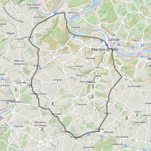 Miniature de la carte de l'inspiration cycliste "Boucle des Vallées Mantoises" dans la Ile-de-France, France. Générée par le planificateur d'itinéraire cycliste Tarmacs.app
