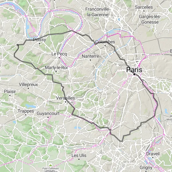 Map miniature of "The Versailles and Paris Loop" cycling inspiration in Ile-de-France, France. Generated by Tarmacs.app cycling route planner