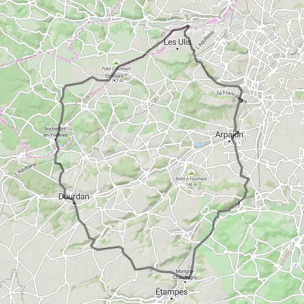 Miniature de la carte de l'inspiration cycliste "Boucle de Montlhery" dans la Ile-de-France, France. Générée par le planificateur d'itinéraire cycliste Tarmacs.app