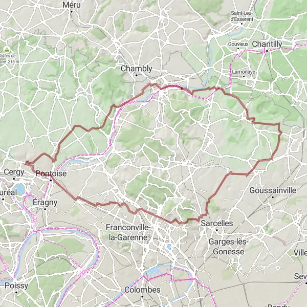 Map miniature of "Osny to Luzarches Gravel Cycling Route" cycling inspiration in Ile-de-France, France. Generated by Tarmacs.app cycling route planner