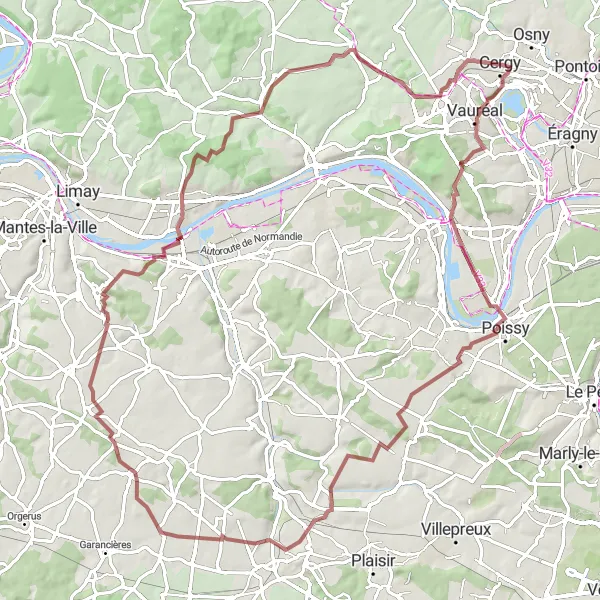 Map miniature of "Osny to Poissy Gravel Cycling Route" cycling inspiration in Ile-de-France, France. Generated by Tarmacs.app cycling route planner