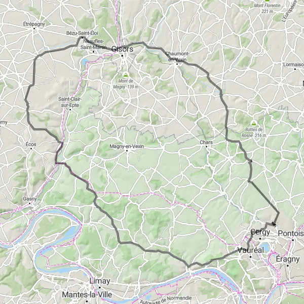 Map miniature of "Osny to Cergy Loop Road Cycling Route" cycling inspiration in Ile-de-France, France. Generated by Tarmacs.app cycling route planner