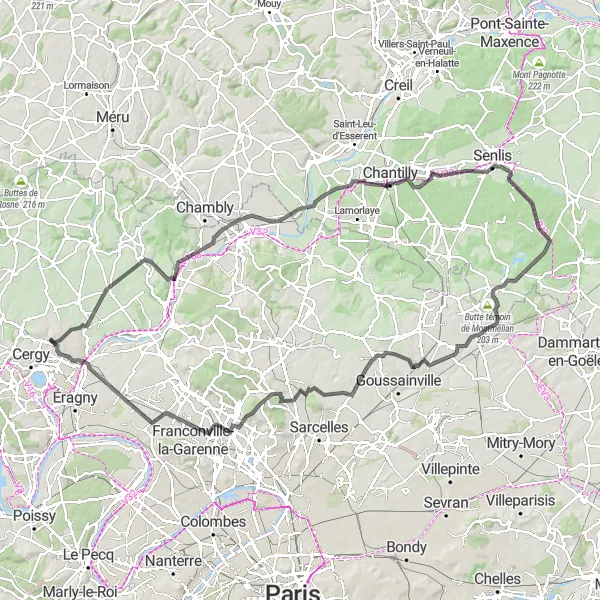 Miniature de la carte de l'inspiration cycliste "Parcours en boucle d'Osny à travers Chantilly et Senlis" dans la Ile-de-France, France. Générée par le planificateur d'itinéraire cycliste Tarmacs.app