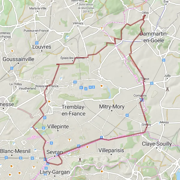 Miniature de la carte de l'inspiration cycliste "Évasion gravel de 59 km à proximité de Othis" dans la Ile-de-France, France. Générée par le planificateur d'itinéraire cycliste Tarmacs.app