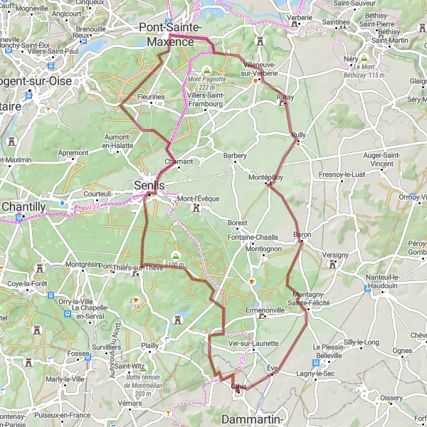 Miniature de la carte de l'inspiration cycliste "Aventure gravel de 76 km près de Othis" dans la Ile-de-France, France. Générée par le planificateur d'itinéraire cycliste Tarmacs.app