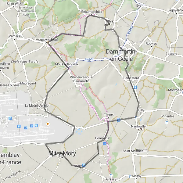 Map miniature of "Goäle and Moussy-le-Neuf Adventure" cycling inspiration in Ile-de-France, France. Generated by Tarmacs.app cycling route planner