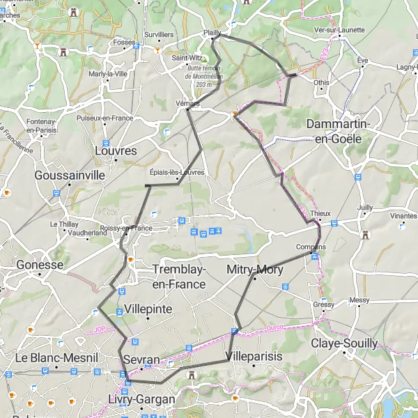 Map miniature of "Road adventure around Othis" cycling inspiration in Ile-de-France, France. Generated by Tarmacs.app cycling route planner