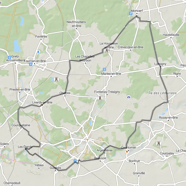 Map miniature of "Idyllic Road Loop: Explore the Beauty of Ozouer-le-Voulgis and Surrounding Villages" cycling inspiration in Ile-de-France, France. Generated by Tarmacs.app cycling route planner