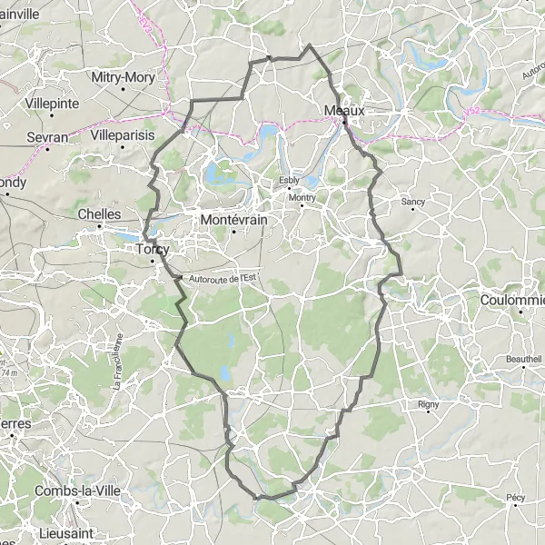 Map miniature of "Picturesque Road Cycling Circuit: Ozouer-le-Voulgis and Surrounding Countryside" cycling inspiration in Ile-de-France, France. Generated by Tarmacs.app cycling route planner