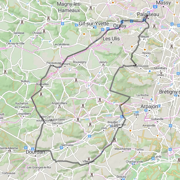 Miniature de la carte de l'inspiration cycliste "Parcours Historique dans la Vallée de Chevreuse" dans la Ile-de-France, France. Générée par le planificateur d'itinéraire cycliste Tarmacs.app