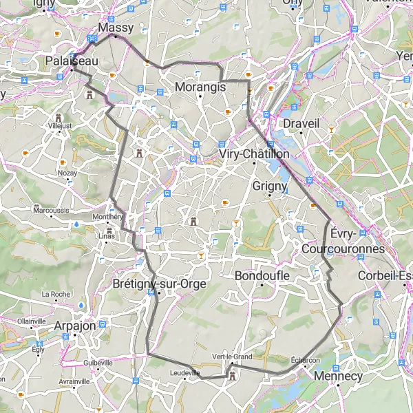 Miniature de la carte de l'inspiration cycliste "Exploration des Chemins de l'Essonne" dans la Ile-de-France, France. Générée par le planificateur d'itinéraire cycliste Tarmacs.app