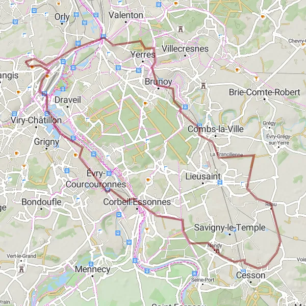 Map miniature of "Gravel Adventure Loop from Paray-Vieille-Poste" cycling inspiration in Ile-de-France, France. Generated by Tarmacs.app cycling route planner