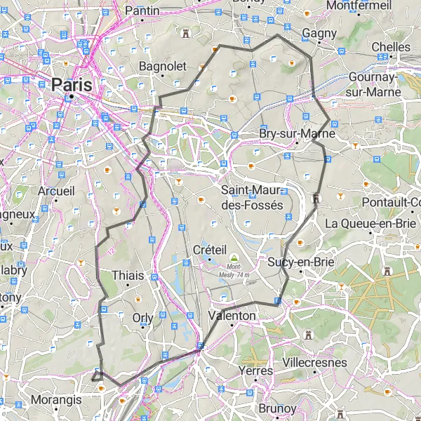 Map miniature of "The Road Warrior" cycling inspiration in Ile-de-France, France. Generated by Tarmacs.app cycling route planner
