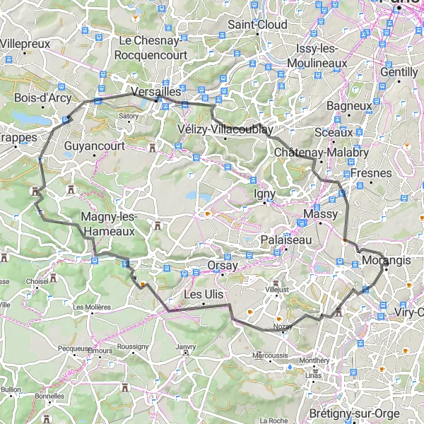 Map miniature of "The Scenic Road Escape" cycling inspiration in Ile-de-France, France. Generated by Tarmacs.app cycling route planner