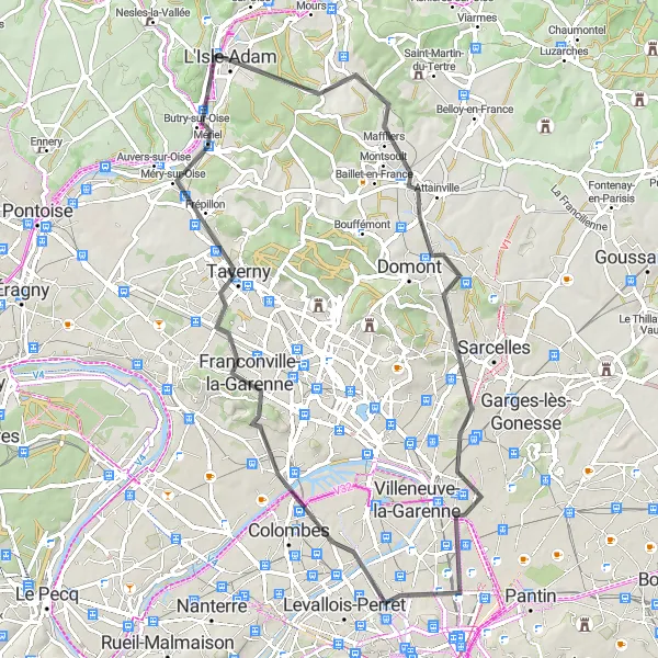 Map miniature of "Road Tour to L'Isle-Adam and Taverny" cycling inspiration in Ile-de-France, France. Generated by Tarmacs.app cycling route planner