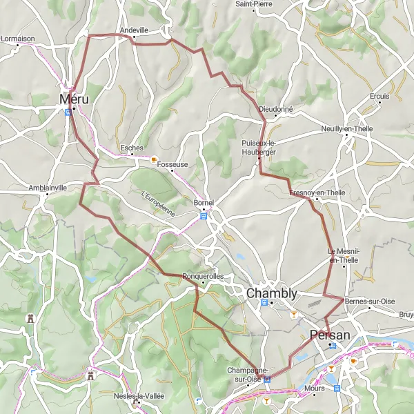 Map miniature of "Champagne-sur-Oise and Méru Gravel Route" cycling inspiration in Ile-de-France, France. Generated by Tarmacs.app cycling route planner