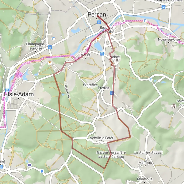 Map miniature of "Beaumont-sur-Oise and Nerville-la-Forêt Gravel Route" cycling inspiration in Ile-de-France, France. Generated by Tarmacs.app cycling route planner