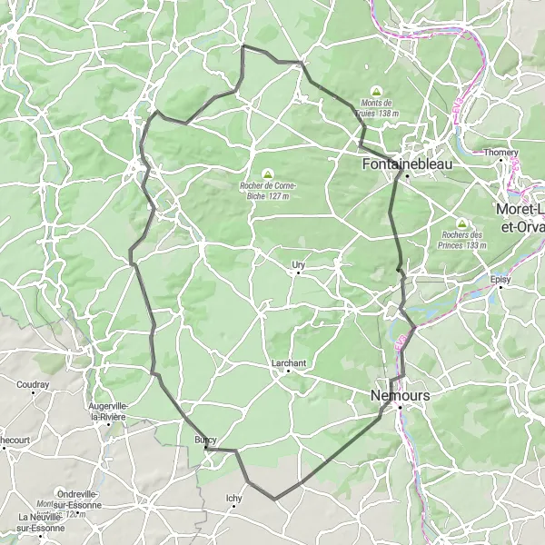 Map miniature of "Fontainbleu Forest Loop" cycling inspiration in Ile-de-France, France. Generated by Tarmacs.app cycling route planner