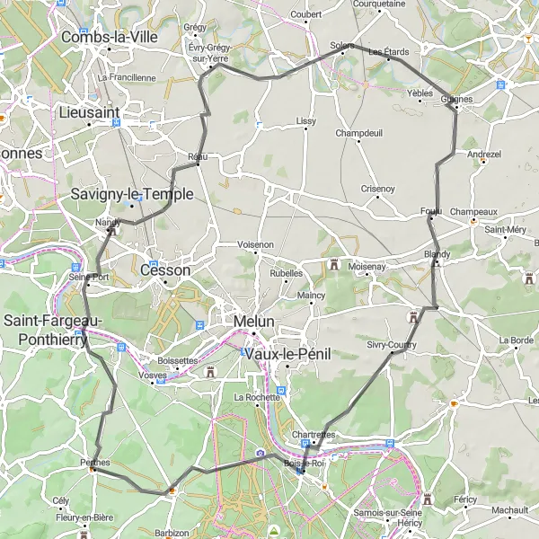 Map miniature of "Nandy & Chartrettes Road Loop" cycling inspiration in Ile-de-France, France. Generated by Tarmacs.app cycling route planner