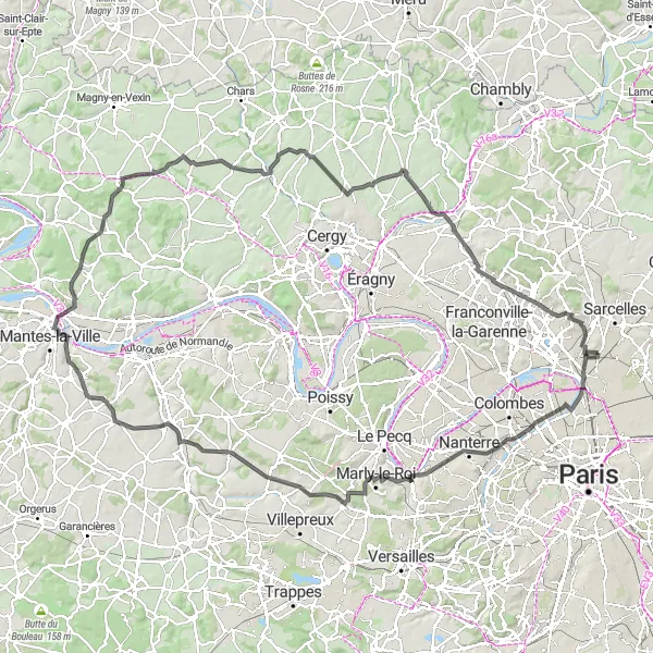 Map miniature of "Courbevoie to Pierrefitte-sur-Seine Scenic Ride" cycling inspiration in Ile-de-France, France. Generated by Tarmacs.app cycling route planner