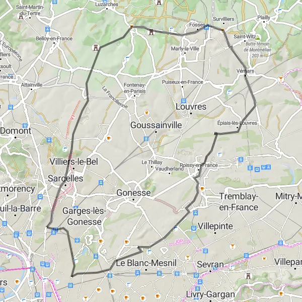 Miniature de la carte de l'inspiration cycliste "Parcours jusqu'à Le Blanc-Mesnil en passant par Roissy-en-France" dans la Ile-de-France, France. Générée par le planificateur d'itinéraire cycliste Tarmacs.app