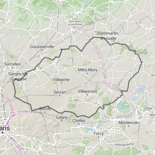 Miniature de la carte de l'inspiration cycliste "Tour de Seine-et-Marne" dans la Ile-de-France, France. Générée par le planificateur d'itinéraire cycliste Tarmacs.app
