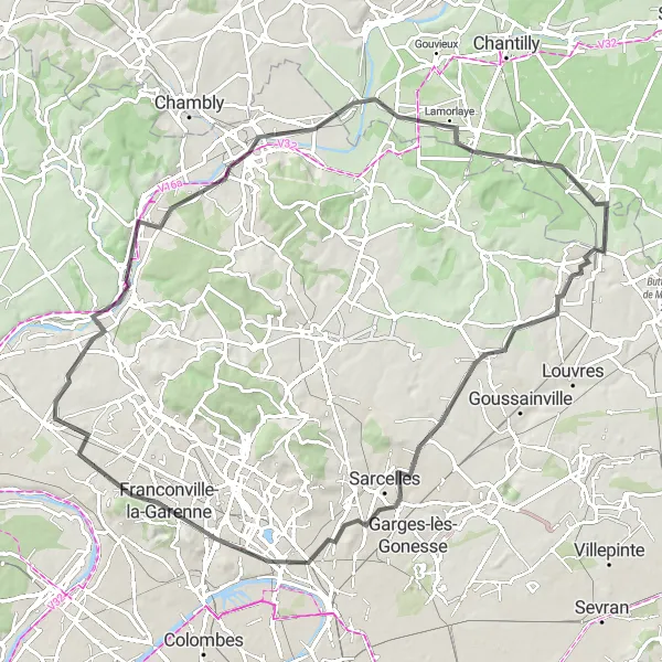 Map miniature of "Road Cycling Escapade from Pierrelaye" cycling inspiration in Ile-de-France, France. Generated by Tarmacs.app cycling route planner