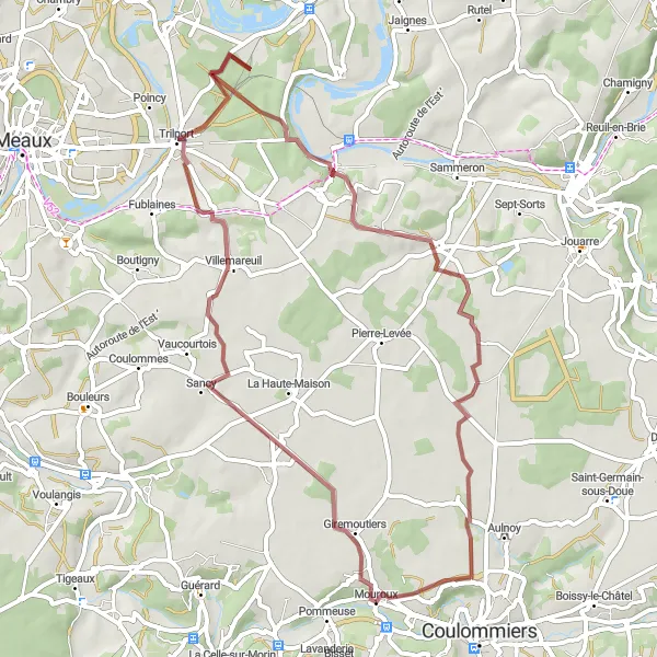 Miniature de la carte de l'inspiration cycliste "Giremoutiers à Mouroux" dans la Ile-de-France, France. Générée par le planificateur d'itinéraire cycliste Tarmacs.app