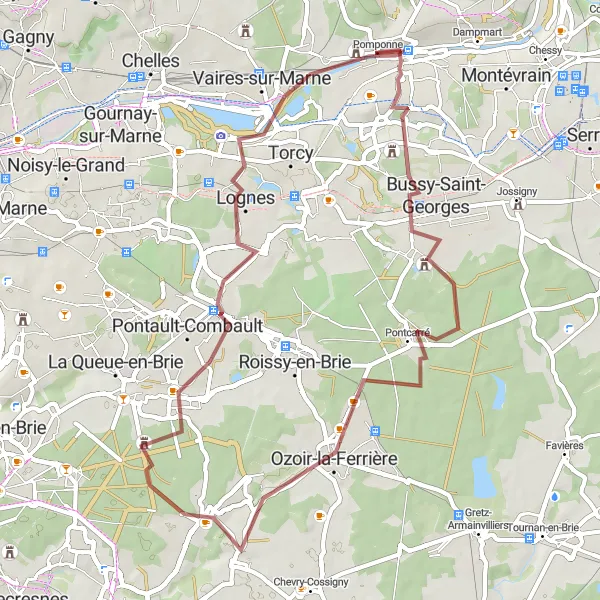 Map miniature of "Off-road Adventure in Seine-et-Marne" cycling inspiration in Ile-de-France, France. Generated by Tarmacs.app cycling route planner