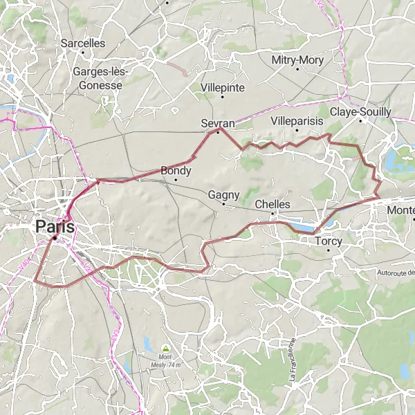 Map miniature of "Scenic Gravel Loop through Noisy-le-Grand and Bobigny" cycling inspiration in Ile-de-France, France. Generated by Tarmacs.app cycling route planner