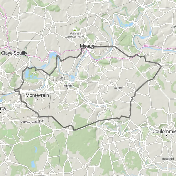 Map miniature of "Explore the Countryside of Seine-et-Marne" cycling inspiration in Ile-de-France, France. Generated by Tarmacs.app cycling route planner