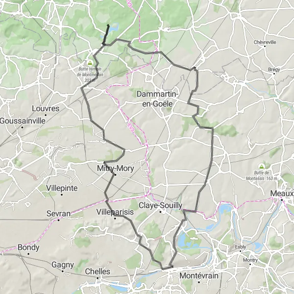 Map miniature of "Challenging Road Ride to Montgé-en-Goële" cycling inspiration in Ile-de-France, France. Generated by Tarmacs.app cycling route planner