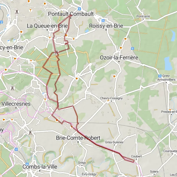 Miniature de la carte de l'inspiration cycliste "Excursion en gravelle de Pontault-Combault à Le Donjon" dans la Ile-de-France, France. Générée par le planificateur d'itinéraire cycliste Tarmacs.app