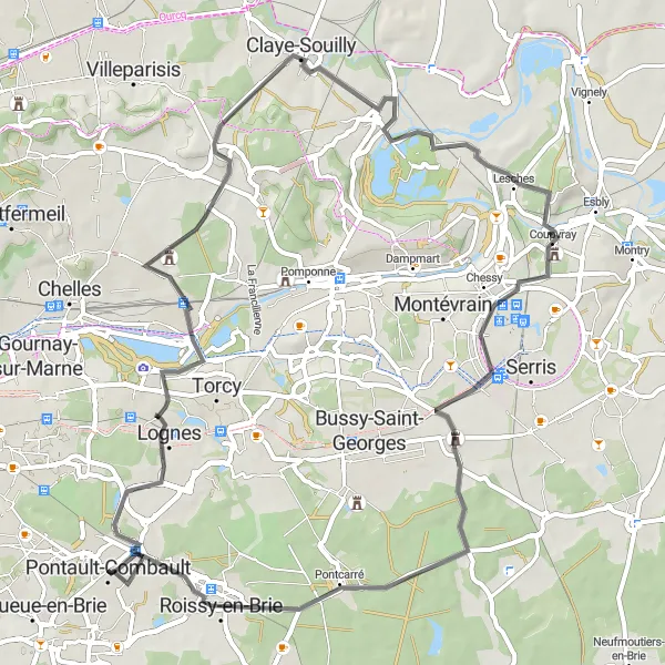Miniature de la carte de l'inspiration cycliste "Boucle à Pontault-Combault" dans la Ile-de-France, France. Générée par le planificateur d'itinéraire cycliste Tarmacs.app