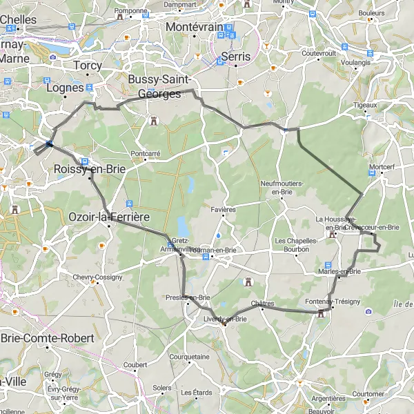 Miniature de la carte de l'inspiration cycliste "Parcours à Villeneuve-le-Comte" dans la Ile-de-France, France. Générée par le planificateur d'itinéraire cycliste Tarmacs.app