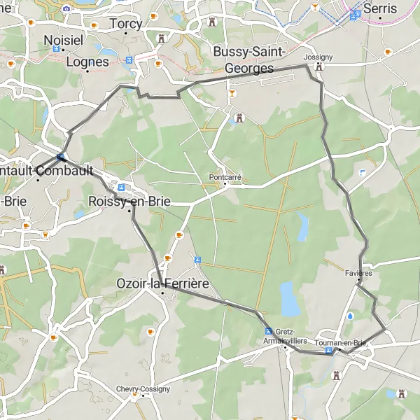Miniature de la carte de l'inspiration cycliste "Parcours paisible à Tournan-en-Brie" dans la Ile-de-France, France. Générée par le planificateur d'itinéraire cycliste Tarmacs.app