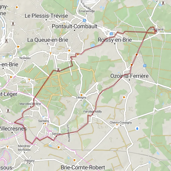 Map miniature of "Férolles-Attilly Gravel Expedition" cycling inspiration in Ile-de-France, France. Generated by Tarmacs.app cycling route planner