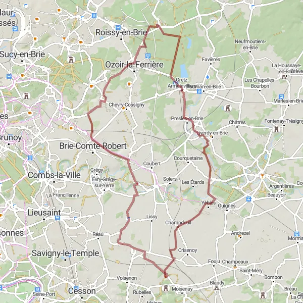 Map miniature of "Pontcarré - Presles-en-Brie - Yèbles - Saint-Germain-Laxis - Grisy-Suisnes - Ozoir-la-Ferrière Loop" cycling inspiration in Ile-de-France, France. Generated by Tarmacs.app cycling route planner