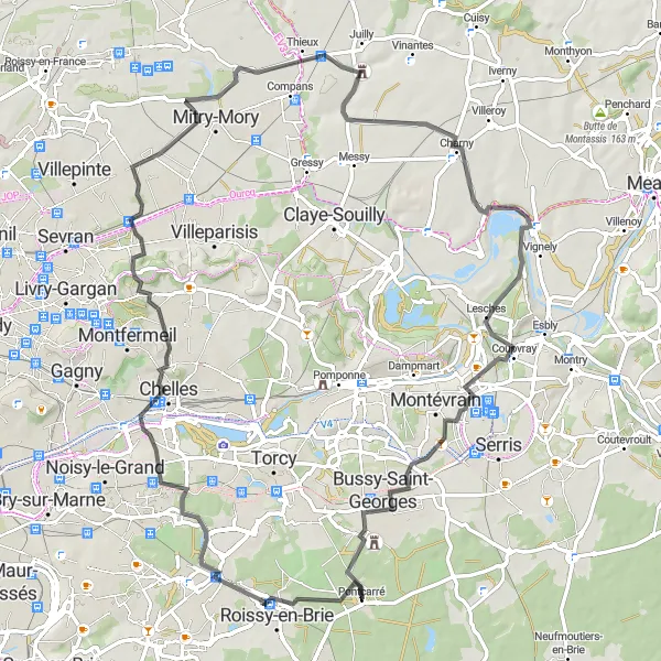 Map miniature of "Pontcarré - Roissy-en-Brie - Chelles - Mitry-Mory - Nantouillet - Coupvray - Chanteloup-en-Brie Loop" cycling inspiration in Ile-de-France, France. Generated by Tarmacs.app cycling route planner