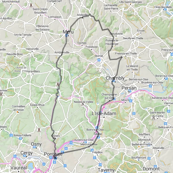 Map miniature of "Diverse countryside experience" cycling inspiration in Ile-de-France, France. Generated by Tarmacs.app cycling route planner