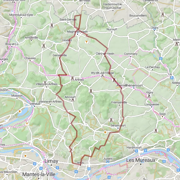 Miniature de la carte de l'inspiration cycliste "Aventure gravel à travers les collines du Vexin" dans la Ile-de-France, France. Générée par le planificateur d'itinéraire cycliste Tarmacs.app