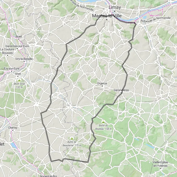 Map miniature of "Rolling Hills and Charming Villages" cycling inspiration in Ile-de-France, France. Generated by Tarmacs.app cycling route planner